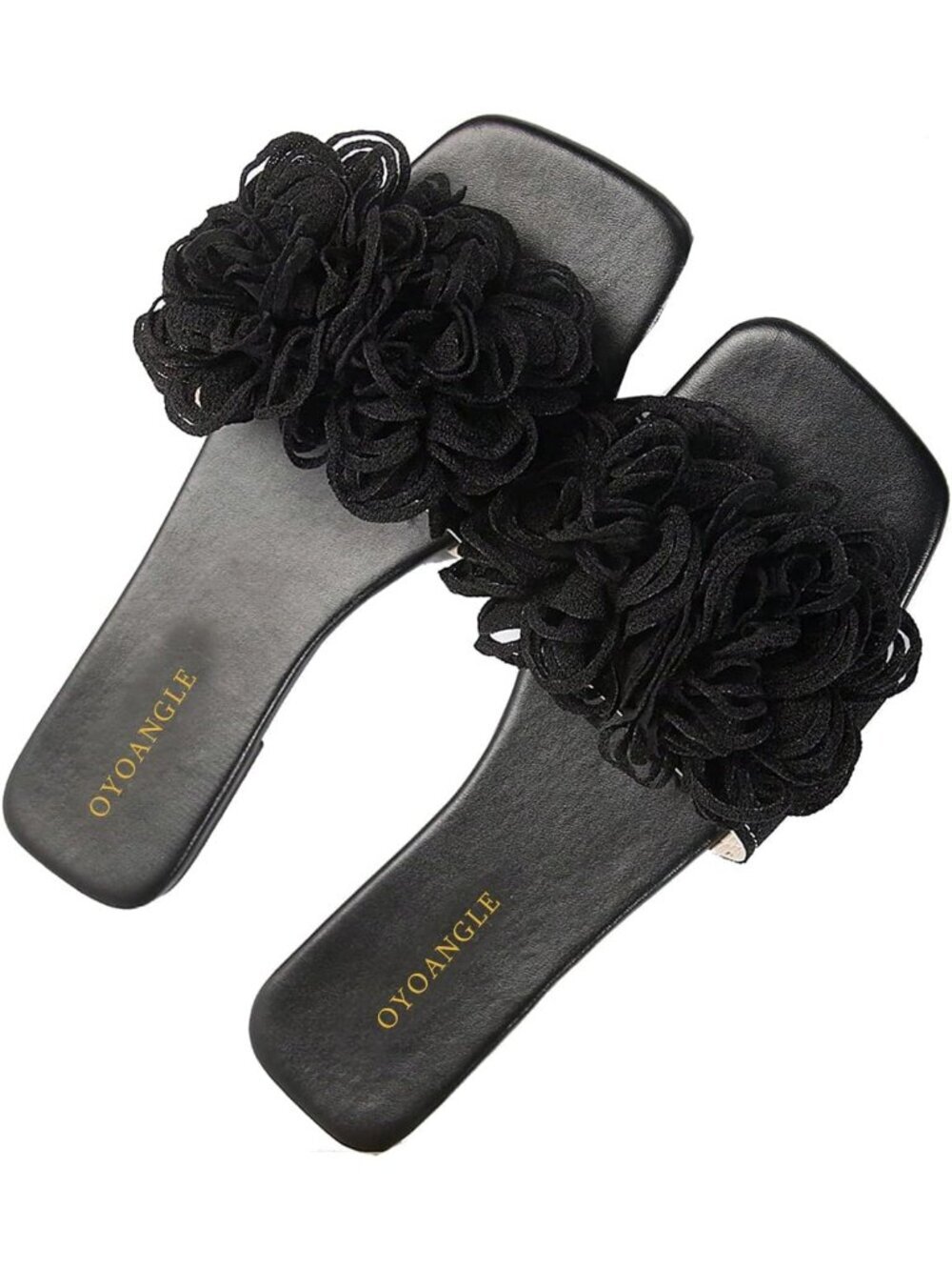 Women's 3D Floral Flat Sandals Black Square Open Toe PU Leather Slip on Slides